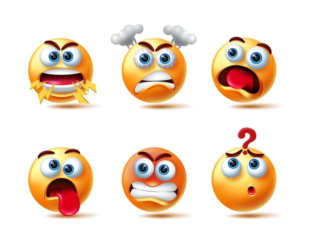 emoji vektor teckenuppsättning. emoticon 3d i arga och konstiga känslor som skrikande, rasande, chockad och förvirrande för emojis ansiktsikonsamlingsdesign. vektor illustration