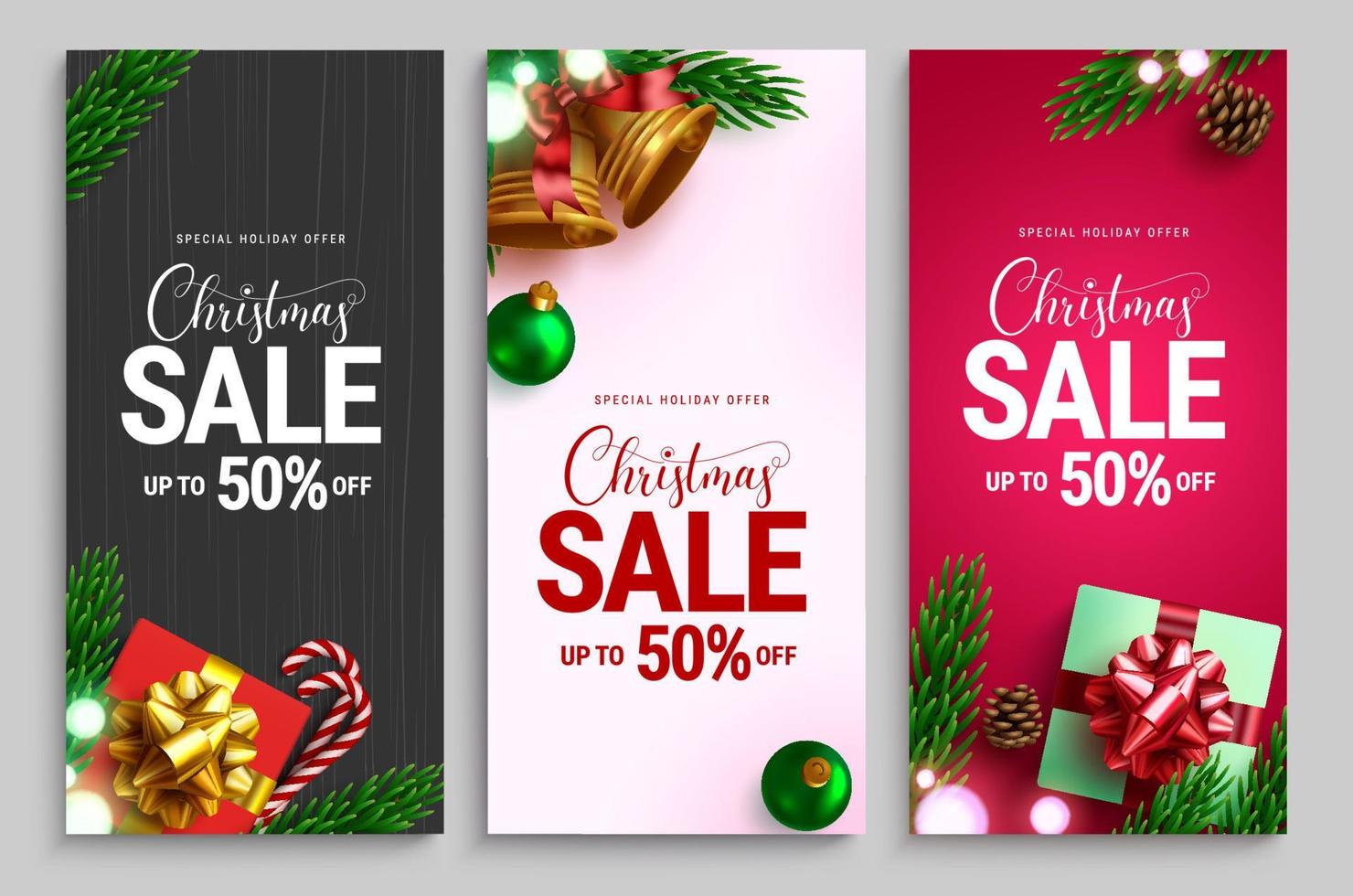 jul försäljning vektor affisch set. julrea semester erbjudandetext med kampanjrabatt för xmas säsongsbetonad shopping annons banner samling. vektor illustration.