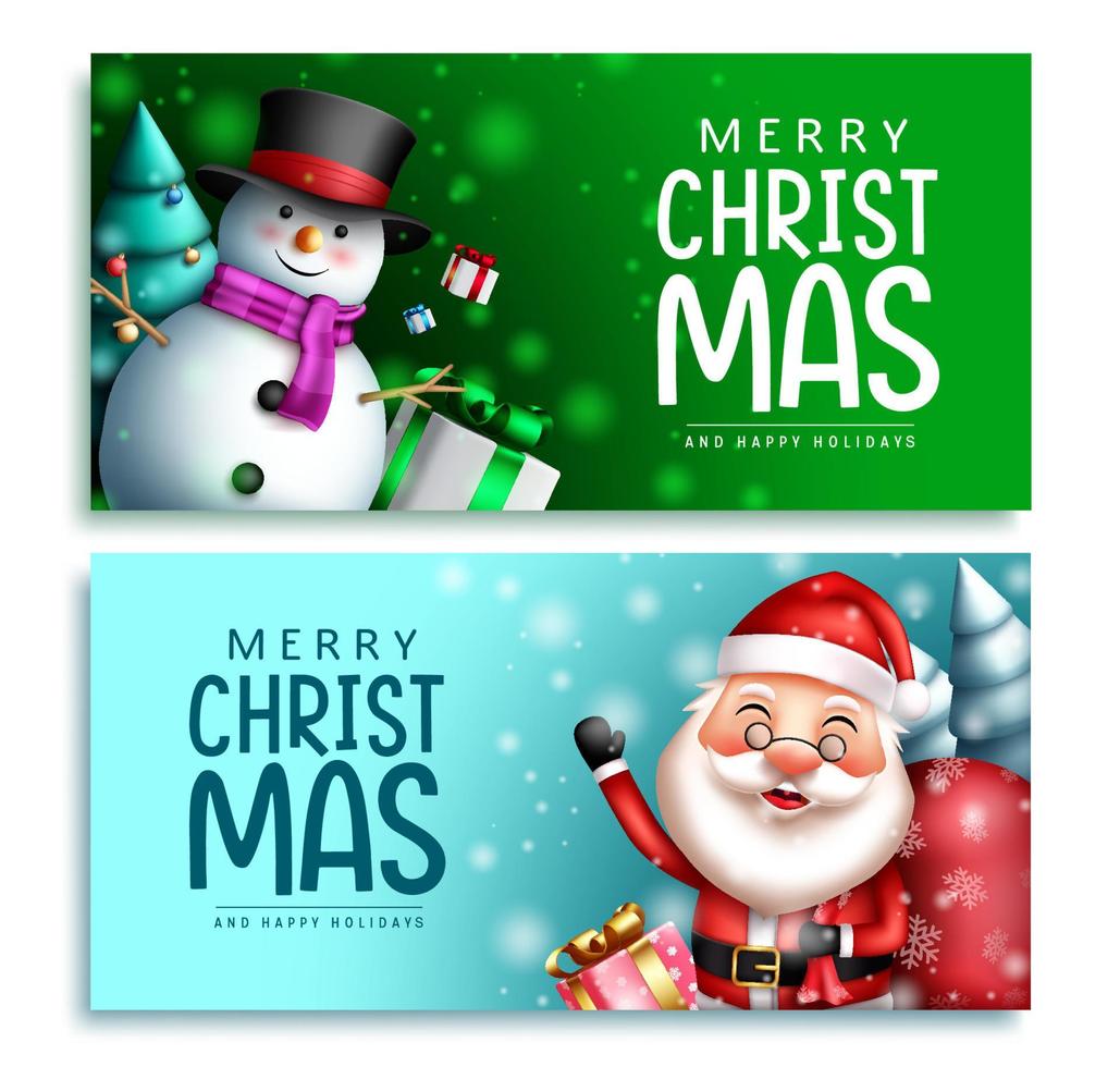 Weihnachtszeichen Vektor-Banner-Set. Frohe Weihnachten-Grußtext mit Weihnachtsmann- und Schneemann-Charakteren im verschneiten Hintergrund im Freien für die Weihnachtssaison-Designkollektion. Vektor-Illustration. vektor