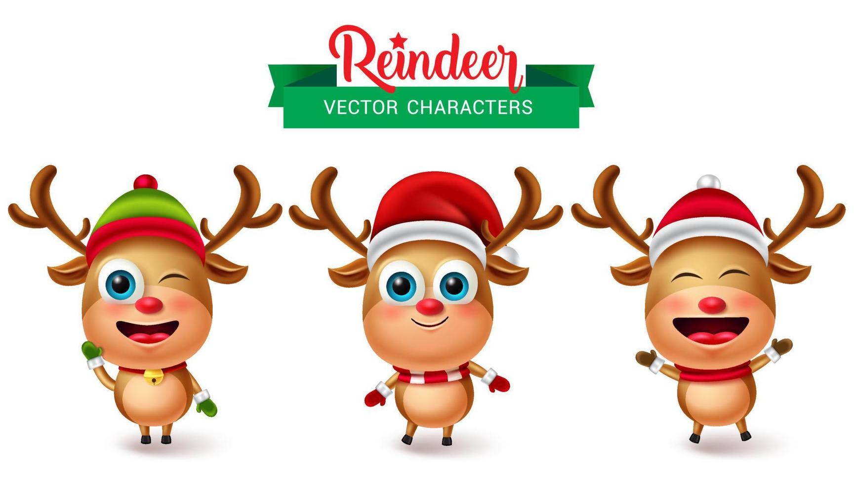 Rentier Charakter Weihnachten Vektor-Set. Rentiere Charaktere in süßem Gesichtsausdruck wie lustig, fröhlich und freundlich für 3D-Tierferienkollektionselementdesign. Vektor-Illustration. vektor