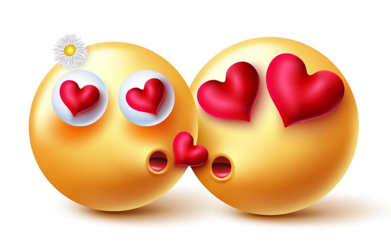 emojis alla hjärtans älskare vektordesign. emoji emoticon 3d förälskad romantisk kyssande karaktär med hjärtan element för valentine kyss gest par tecken koncept. vektor illustration.