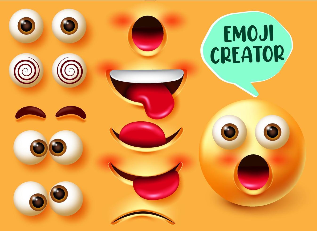 Emoji-Ersteller-Vektor-Set. Emojis 3D-Charakter-Kit in Gesichtsausdrücken überrascht mit bearbeitbaren Gesichtselementen wie Augen und Mund für Emoticon-Gesichtsdesign. Vektor-Illustration vektor