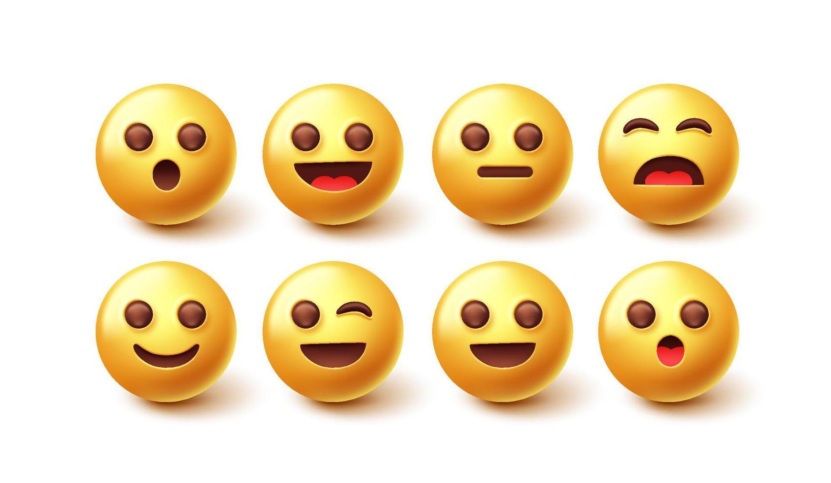 Emoji-Zeichenvektorsatz. Emoticon süße gelbe Sammlung isoliert in weißem Hintergrund für Grafikdesign-Charakterelemente. Vektor-Illustration. vektor