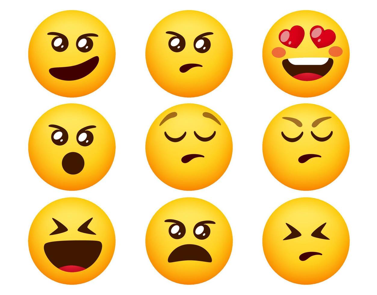 emoji arg emoticon vektor set. uttryckssymboler emojis med arga, upprörda och elaka ansiktsuttryck isolerade i vit bakgrund för design av karaktärskänslasamling. vektor illustration.