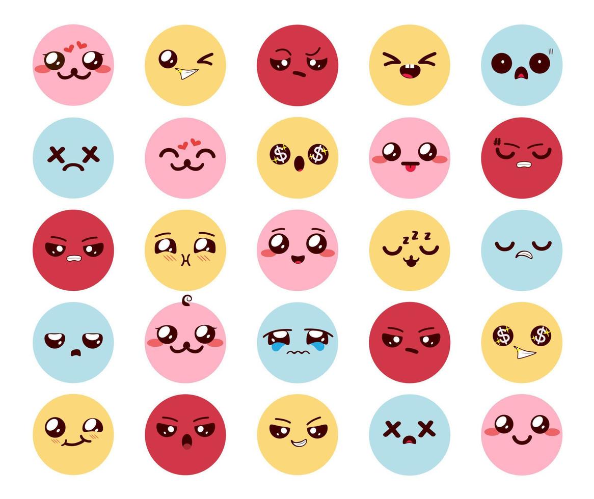 Emojis kawaii Zeichenvektorsatz. Emoticon süßes Cartoon-Emoji mit bunten Gesichtern und Ausdruck von glücklich, traurig und wütend für kawaii Emoticons Chibis Collection Design. Vektor-Illustration. vektor