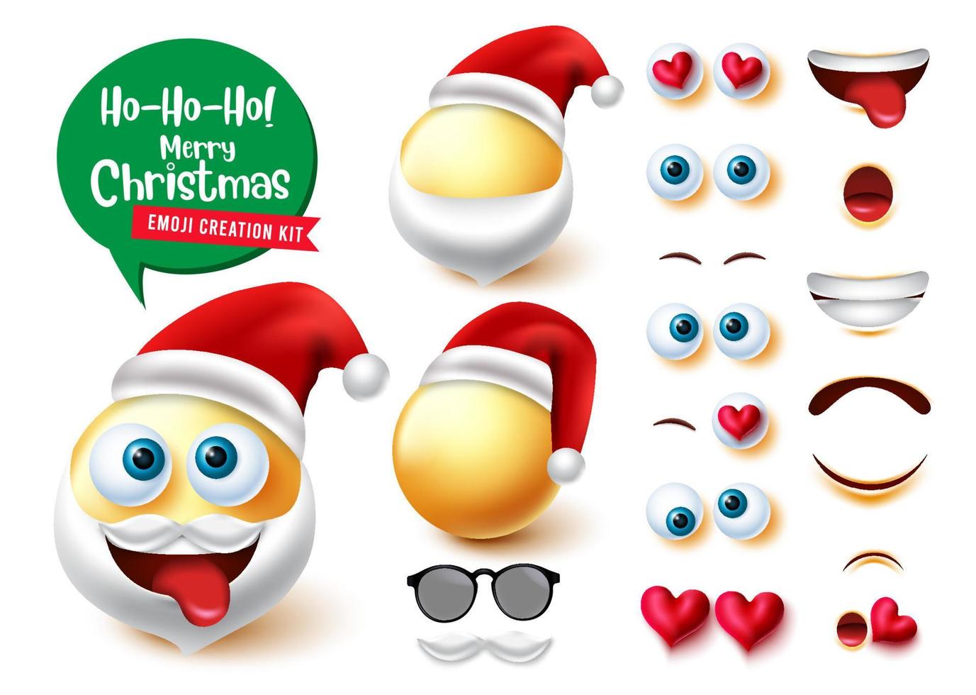 Emojis Weihnachtsmann-Schöpfer-Vektor-Set. 3D-Santa-Charaktere-Kit mit niedlichen, verrückten und lustigen bearbeitbaren Emojis-Weihnachtsfiguren für das Design der Sammlung von Gesichtsausdrücken. Vektor-Illustration. vektor
