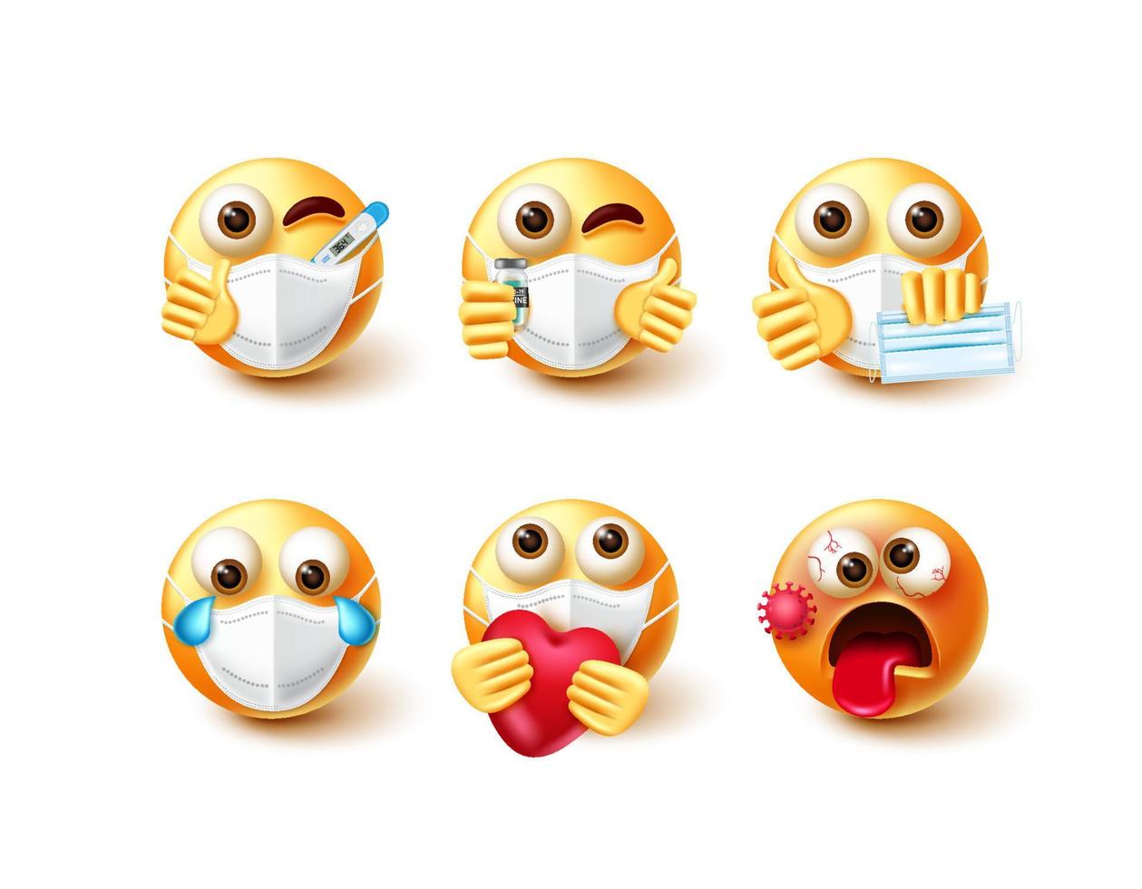 Emoji-Covid-19-Vektorsatz. Emoticon-Charakter in 3D mit Gesichtsmaske, Impfstoff und Thermometer-Elementen für das Design der Emoticons-Sammlung für die pandemische Sicherheit. Vektor-Illustration vektor
