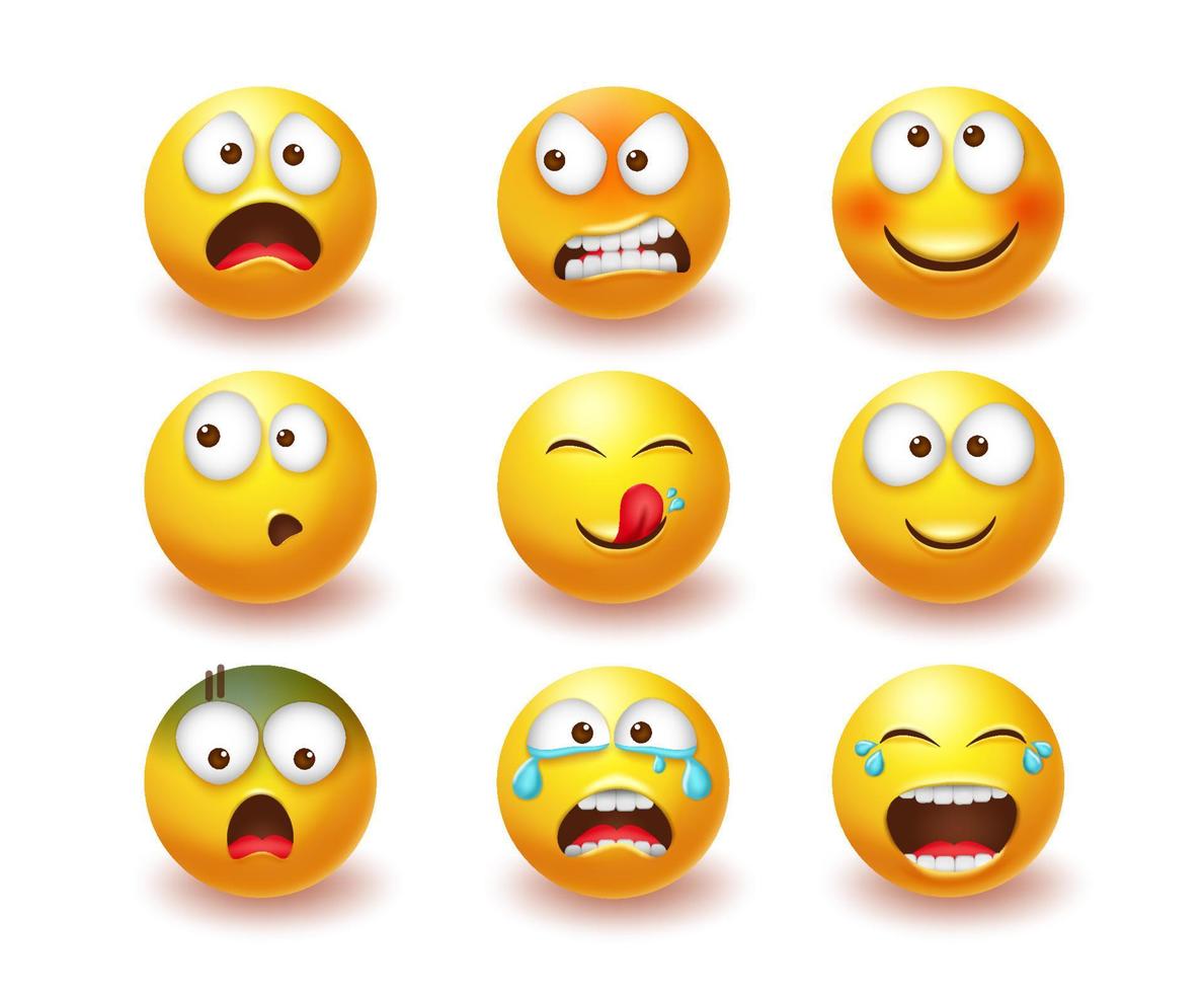 Emoticon Emoji-Vektorsatz. Emojis gelbes Symbol in 3D mit wütenden, lachenden und weinenden Gesichtsausdrücken einzeln auf weißem Hintergrund für das Design der Emoticons-Charaktersammlung. Vektor-Illustration vektor