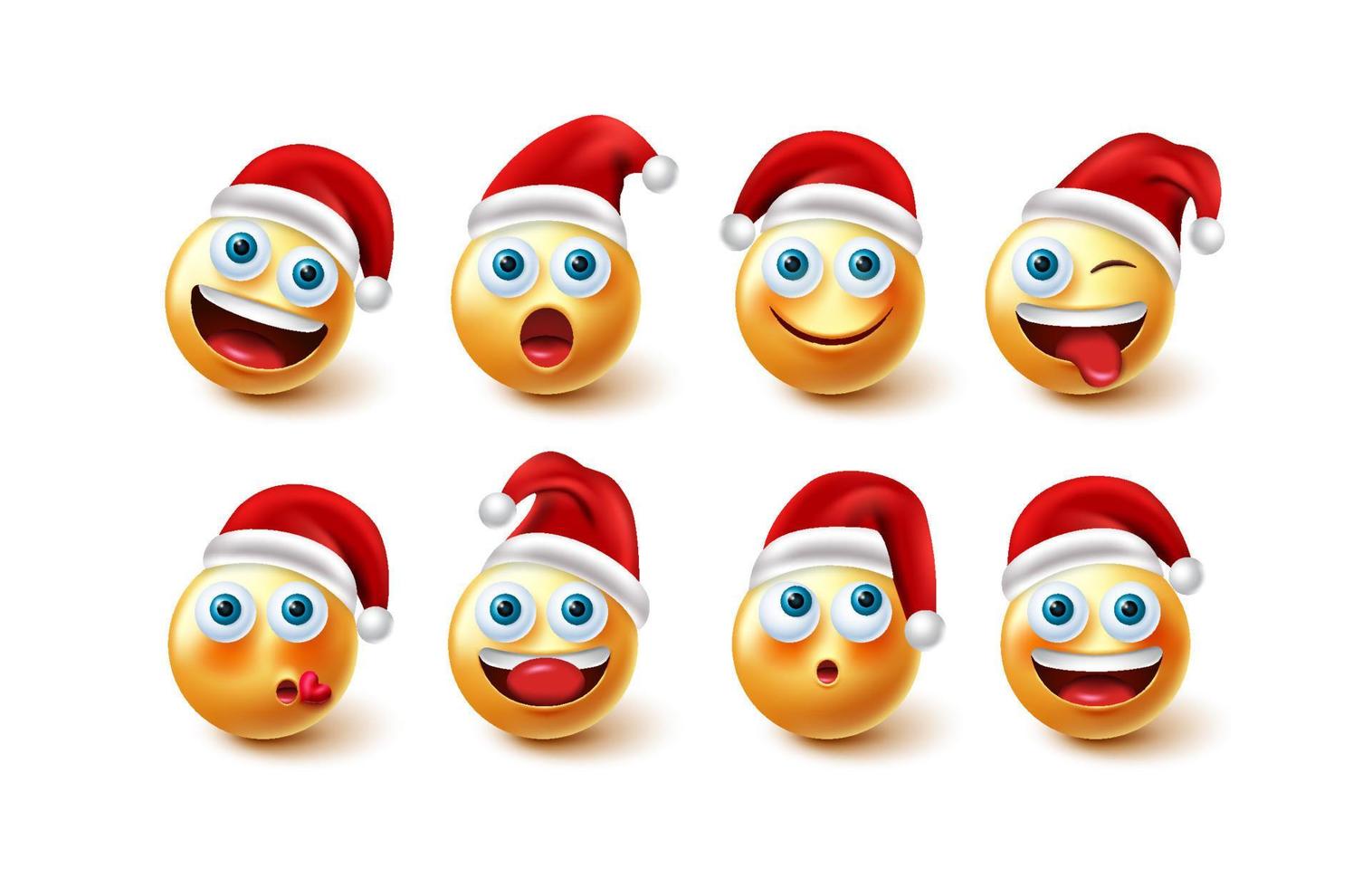 emoji santa jul tecken vektor uppsättning. Jultomtens uttryckssymboler med röd hatt i roligt och vänligt ansiktsuttryck för emojis karaktärs julkollektionsdesign. vektor illustration.
