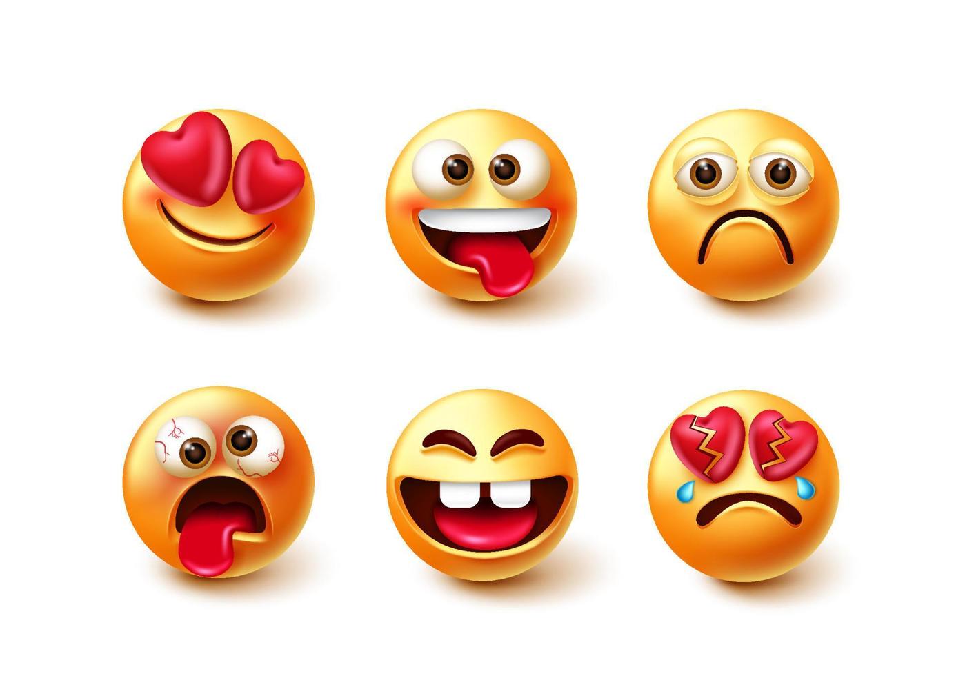 Emoticons Zeichen Vektor-Set. Emoticon 3D-Emojis einzeln auf weißem Hintergrund mit lustigem, verrücktem, verliebtem und gebrochenem Herz-Gesichtsausdruck für das Design der Emoji-Charaktersammlung. vektor