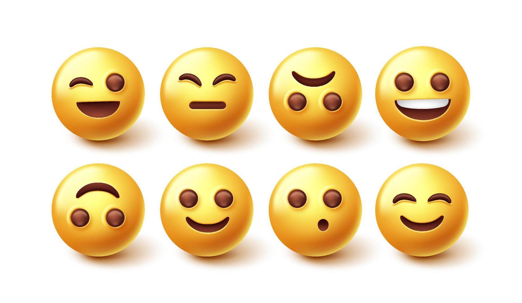 Emoji-Zeichenvektorsatz. Emoticon süßes Gelb isoliert auf weißem Hintergrund mit Gesichtsgefühlen für die Grafikdesign-Charaktersammlung. Vektor-Illustration. vektor