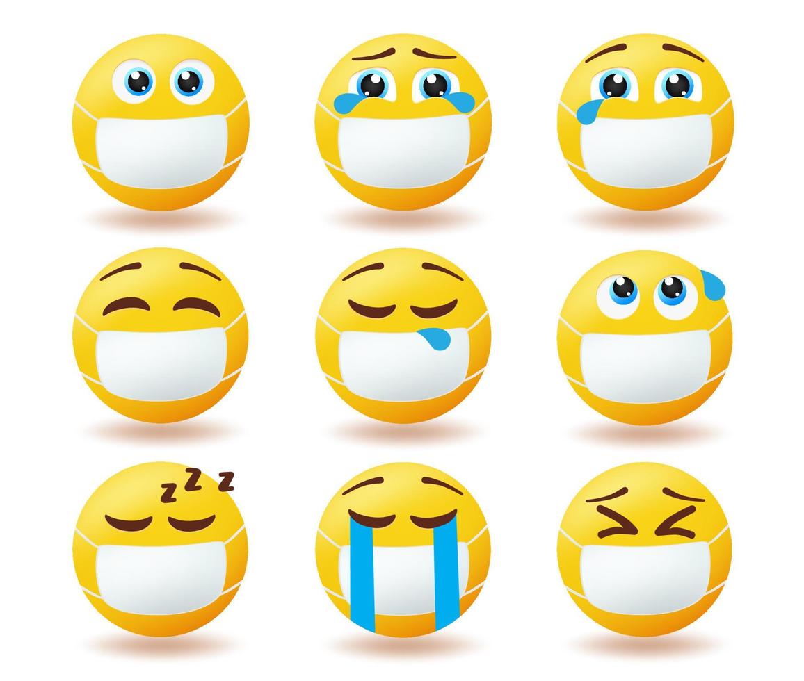 emojis covid-19 skyddsvektoruppsättning. uttryckssymbolkaraktärer som bär ansiktsmask med glada, ledsna och sjuka ansikten för insamlingskampanj för pandemisäkerhets-emoji. vektor illustration.