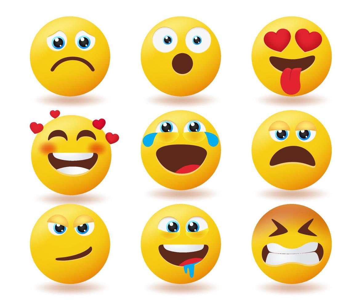 emoji reaktion vektor set. emojis smiley gula ansikten samling med ansiktsuttryck isolerad i vit bakgrund för uttryckssymboler ansikte känslor karaktär design. vektor illustration.