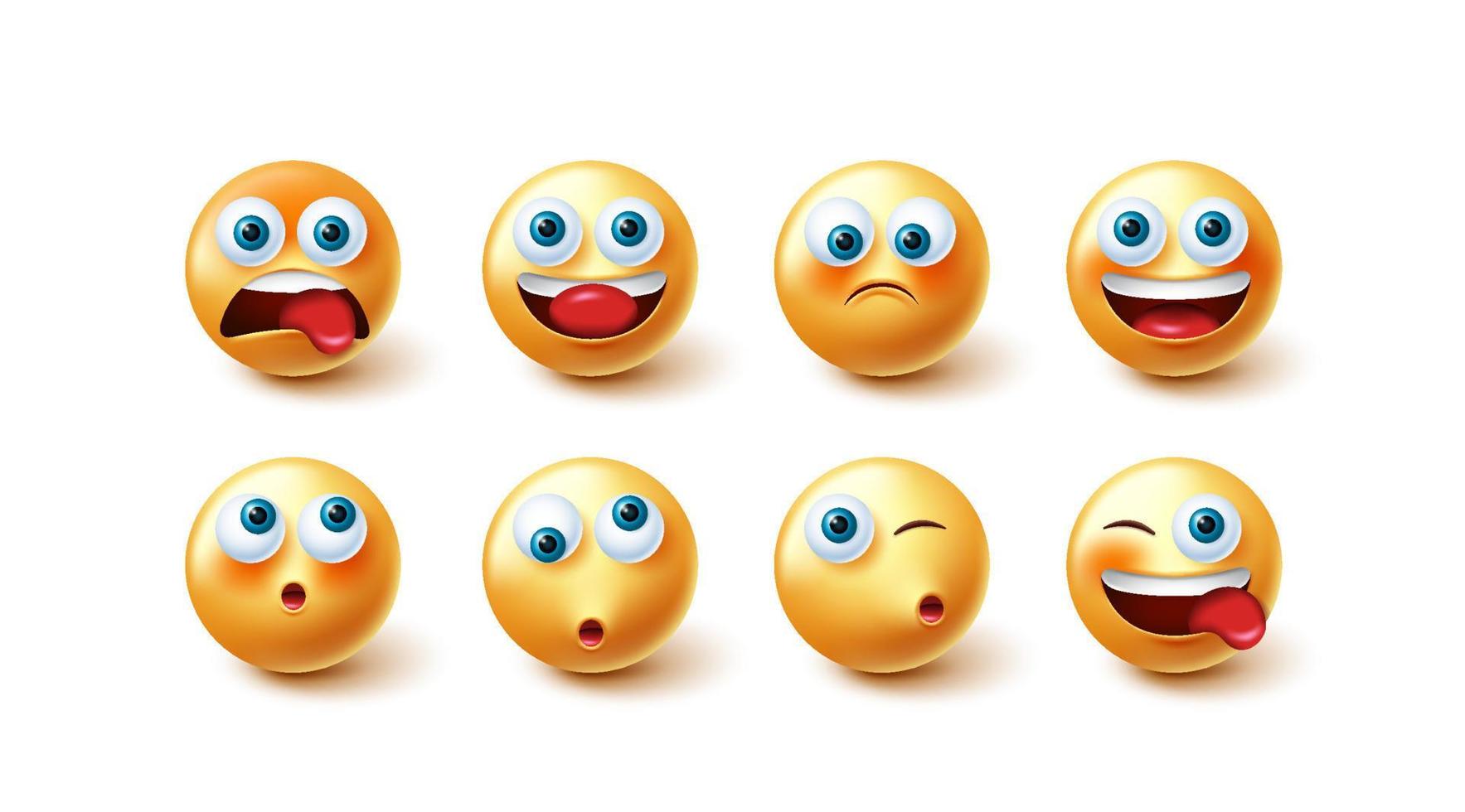 Emoji-Zeichenvektorsatz. Emoticon süße, lustige und fröhliche gelbe Sammlung einzeln auf weißem Hintergrund für Grafikdesignelemente. Vektor-Illustration. vektor