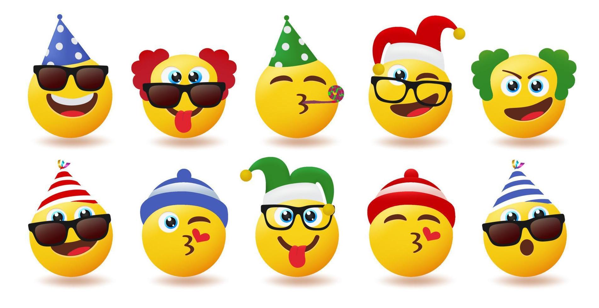 Emoji-Geburtstagszeichen-Vektorsatz. Emoticons Party Emojis mit Geburtstagshüten in süßen und lustigen Gesichtern für das Design der Kollektion von Feierfiguren. Vektor-Illustration. vektor