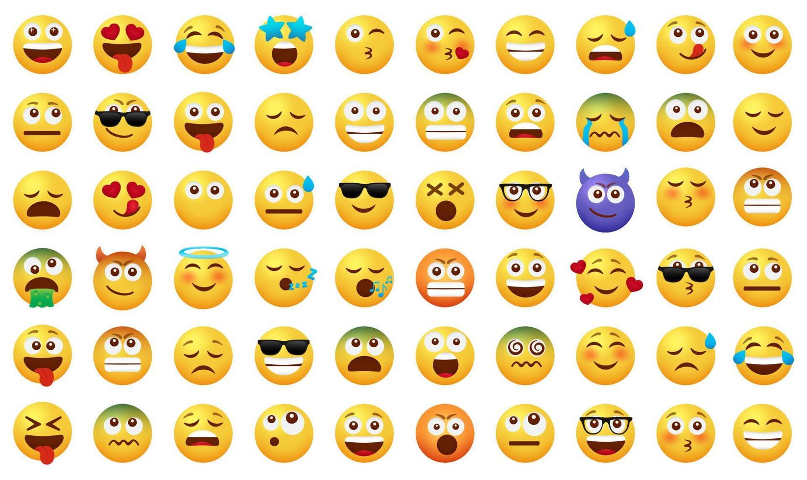Emoticon-Zeichenvektorsatz. Emoji-Gesichtssymbol mit lächelnden, küssenden und kranken Gesichtsausdrücken einzeln auf weißem Hintergrund für niedliches Emoticons-Cartoon-Sammlungsdesign. Vektor-Illustration vektor