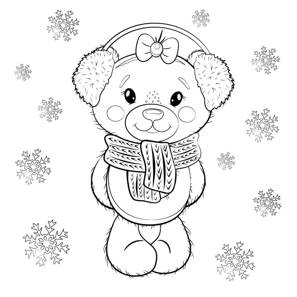 Niedliches Cartoon-Teddybärmädchen mit Schleife, Pelzkopfhörern und Schneeflocken auf weißem Hintergrund. Vektor-Umriss-Abbildung. Malseite. vektor