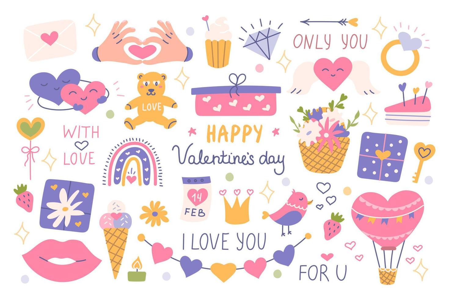 Stellen Sie den Valentinstag mit dekorativen Elementen, Symbolen der Liebe, Phrasen ein. flache Vektorgrafik für Aufkleber, Postkarten vektor