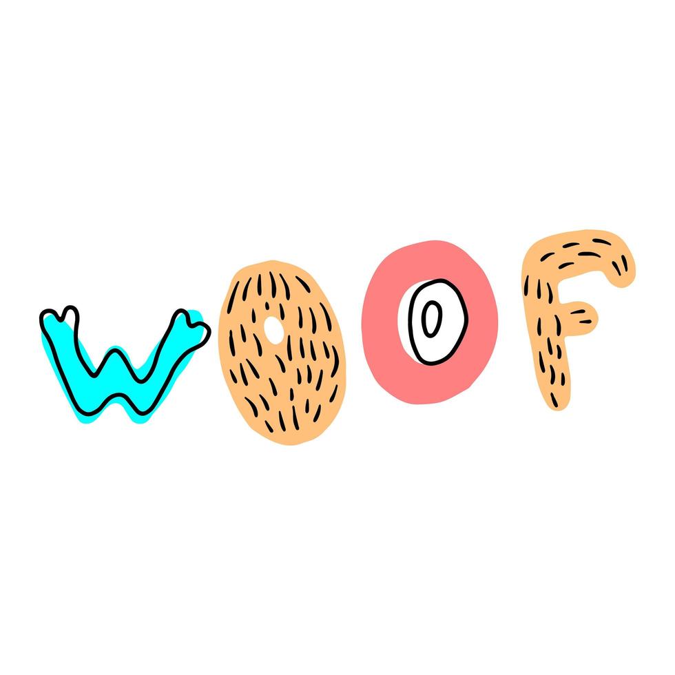 bokstäver ord woof. doodle på ämnet en valp, grooming, veterinärmedicin. ett mönster med en moderiktig färg om ett husdjur. vektor illustration.