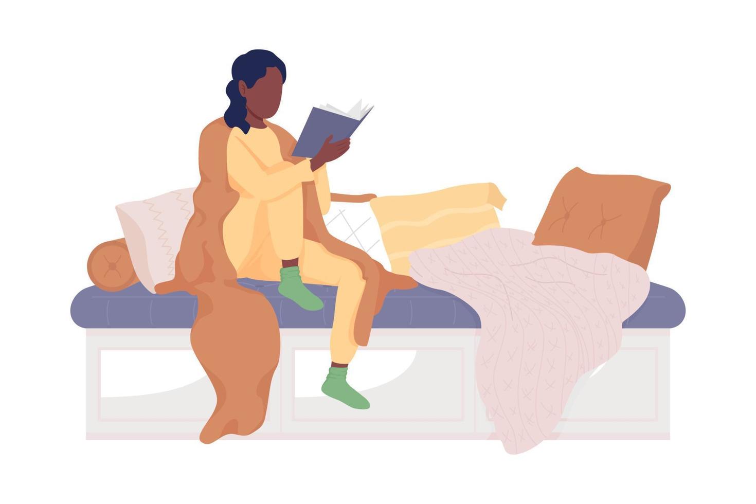 flicka läsa på soffan semi platt färg vektor tecken