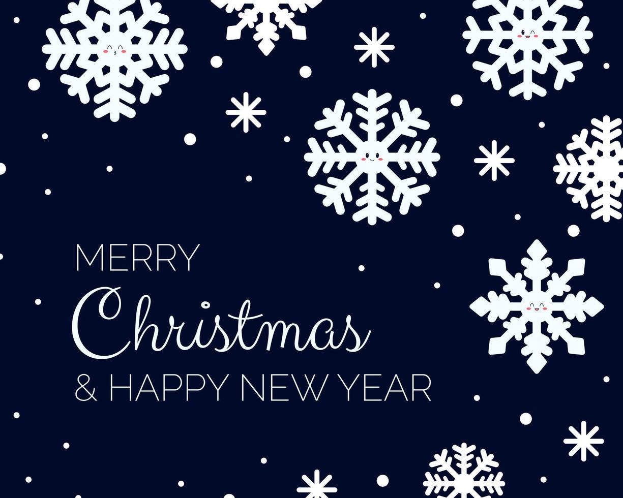 Weihnachtsgrußkarte mit Schneeflocken und Text. Weihnachten und Neujahr typografisch auf blauem Hintergrund. flache Vektorillustration. vektor