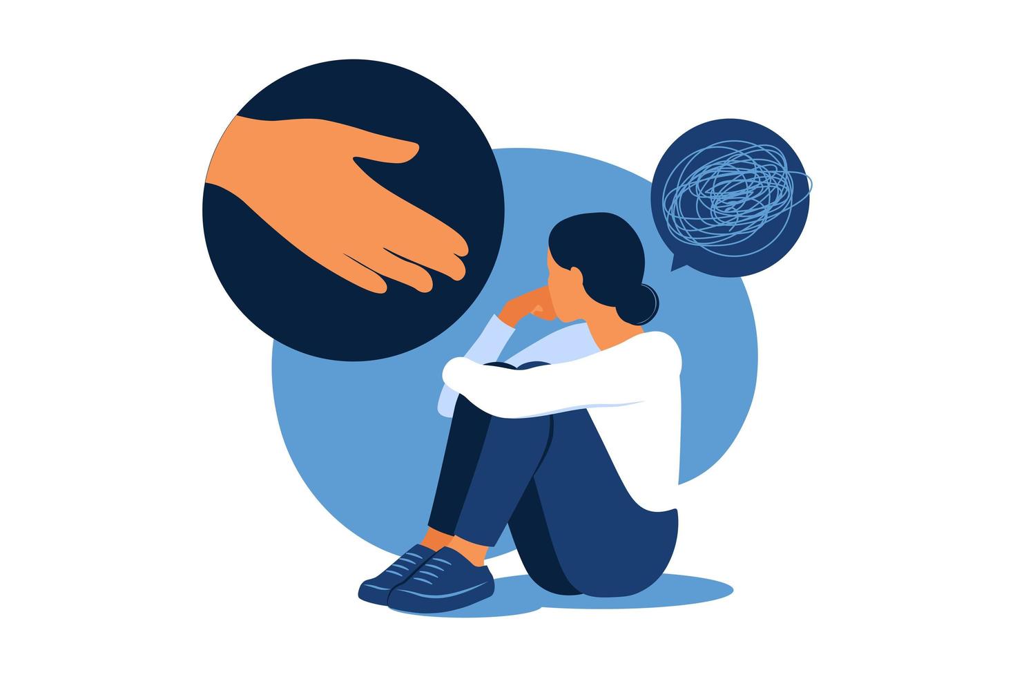 begreppet psykisk störning, sorg och ångest. mänsklig hand hjälper. ledsen ensam kvinna i depression. vektor illustration. platt.