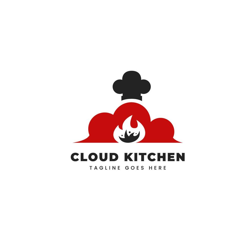 Hot-Clout-Küchenlogo mit Wolke, Kochmütze und Flammenfeuersymbol-Symbolillustration vektor