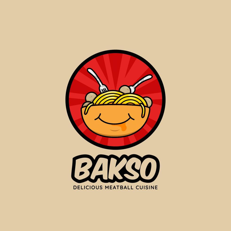 bakso köttbulle skål restaurang logotyp ikon med full av nudlar och leende ansikte vektor