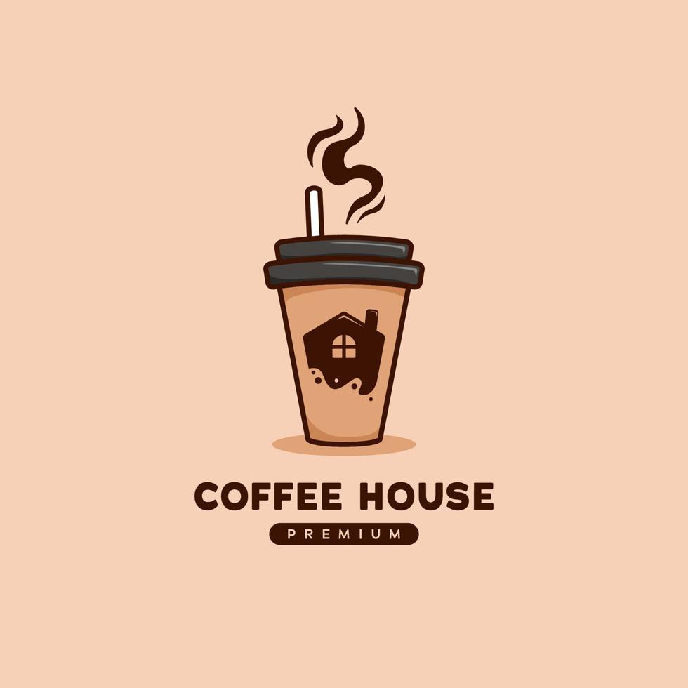 kaffehuslogotyp med husikon inuti kaffe för att gå papperskopp illustration i tecknad stil vektor