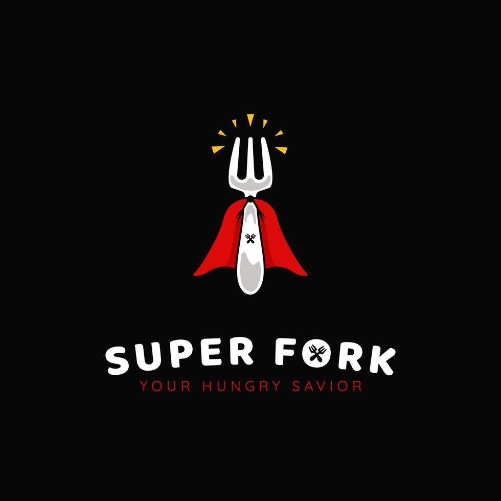 foodie superhjälte super gaffel logotyp, mat och dryck restaurang catering med gaffel och super cape ikon logotyp vektor