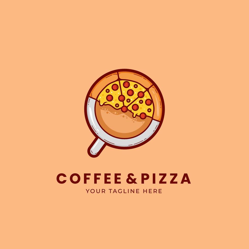 Pizza-Kaffee-Café-Logo, Pizzeria und Café-Logo-Symbol mit Kaffeetasse und Pizza-Mischsymbol im Cartoon-Stil vektor