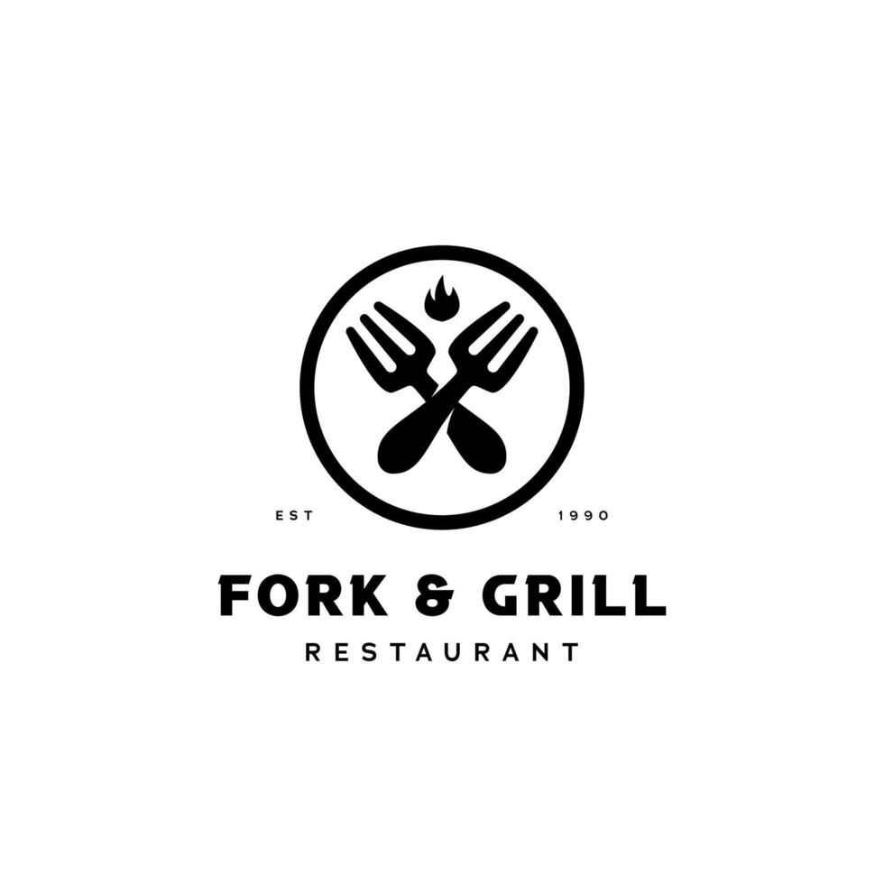 gaffel och grill kökslogotyp för restaurangverksamhet med symbolikon för korsad gaffel vektor