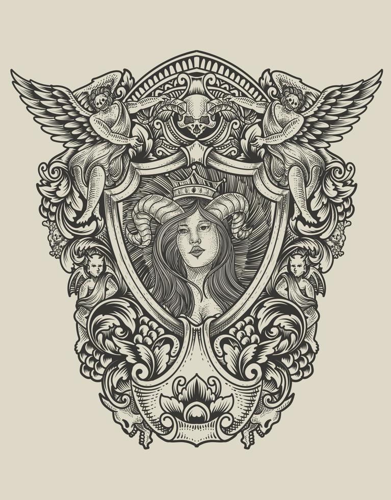 illustration demon flicka med gravyr stil vektor