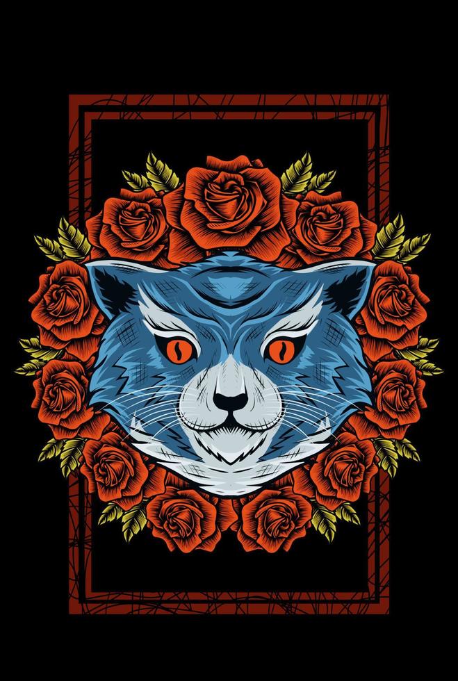 illustration vektor katt huvud med vintage ros blomma