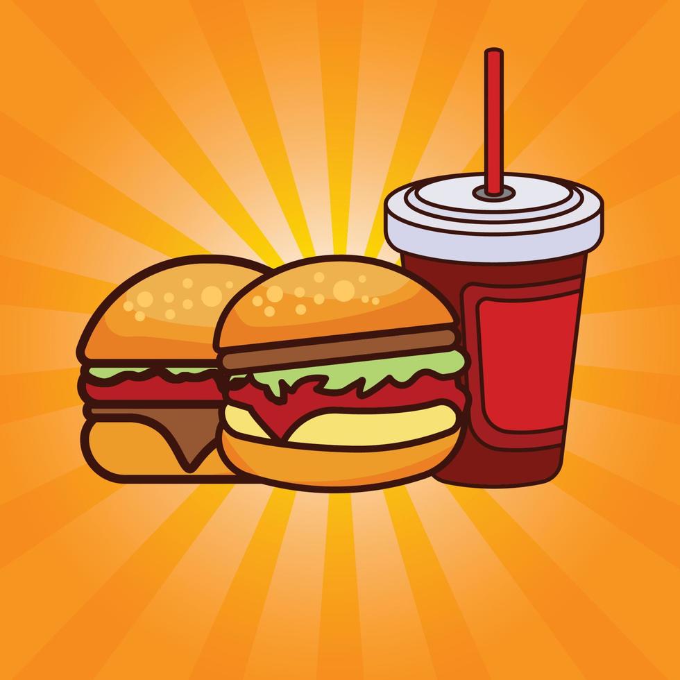 utsökt snabbmat och dryck måltid reklam affisch med strålar bakgrund. läcker hamburgare platt ikon och färsk drink platt ikon. reklam banner design. design mall vektor