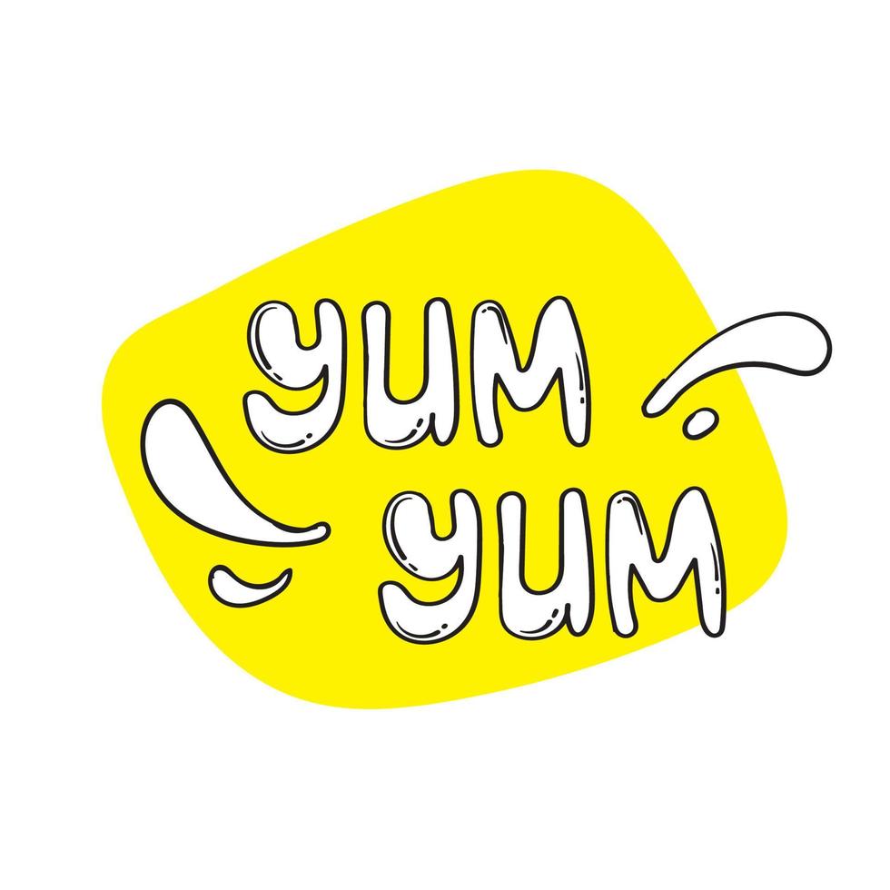 yum yum Text-Design-Doodle für den Druck. Vektor illustration.with Cartoon handgezeichnete Kalligraphie-Stil. isoliert auf weiß