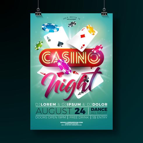 Vector Kasinonachtfliegerillustration mit spielenden Gestaltungselementen und glänzender Neonlichtbeschriftung