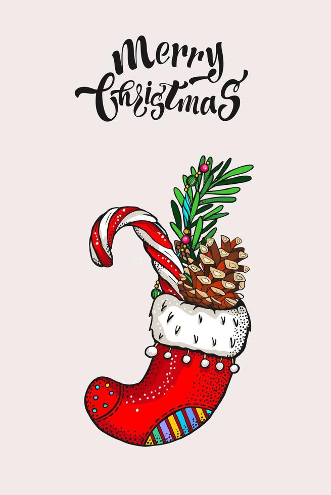 Frohe Weihnachten handgezeichnete Karte. Tannenzweig, Tannenzapfen und Süßigkeiten in einer Weihnachtssocke. vektor