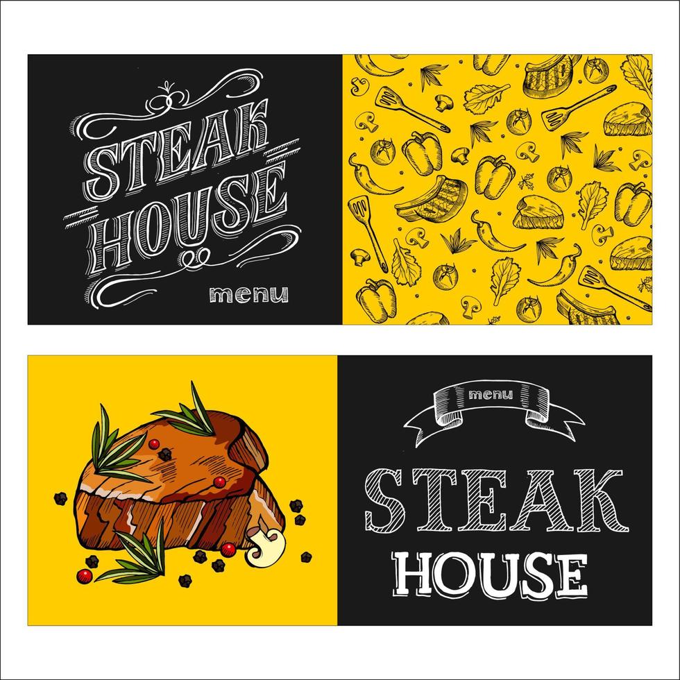 Steak House. vektor illustration.steak dras i krita på en svart tavla. handritad vektorillustration.