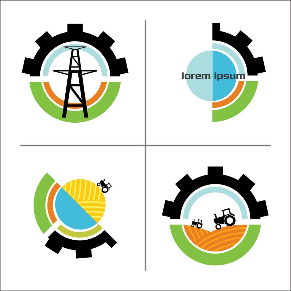 Landwirtschaft-Logo. Satz von Logo-Vorlagen, Getriebe, Traktor, Landschaft, Hochspannungsleitung mit Hochspannung. vektor