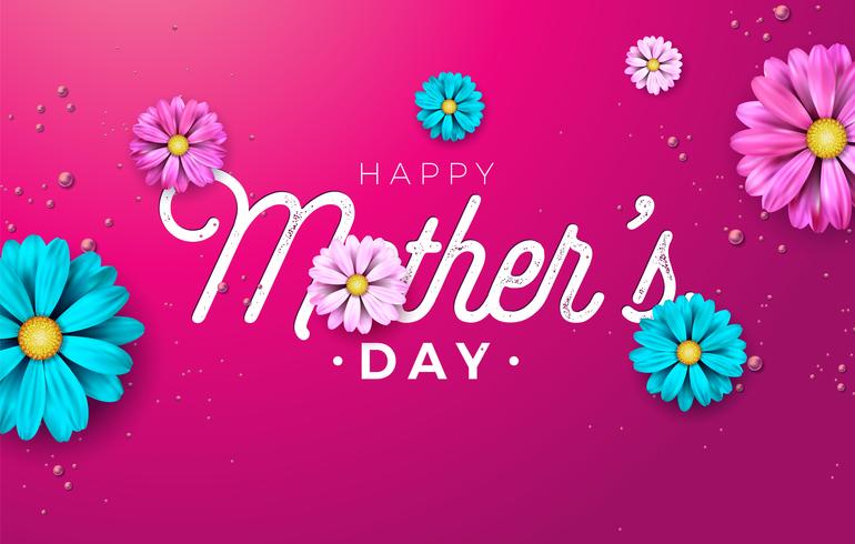 Lycklig mors daghälsningskortdesign med blomma och typografibrev vektor