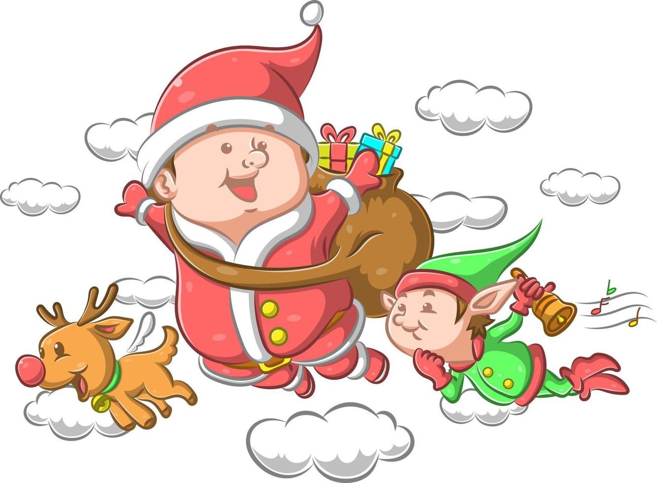 jultomten med den lilla älven som flyger för att ge presenten till barnen vektor
