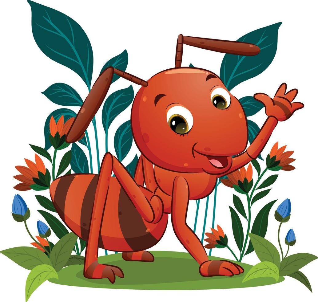 Die große rote Ameise winkt mit der Hand und lächelt vor dem schönen Hintergrund vektor
