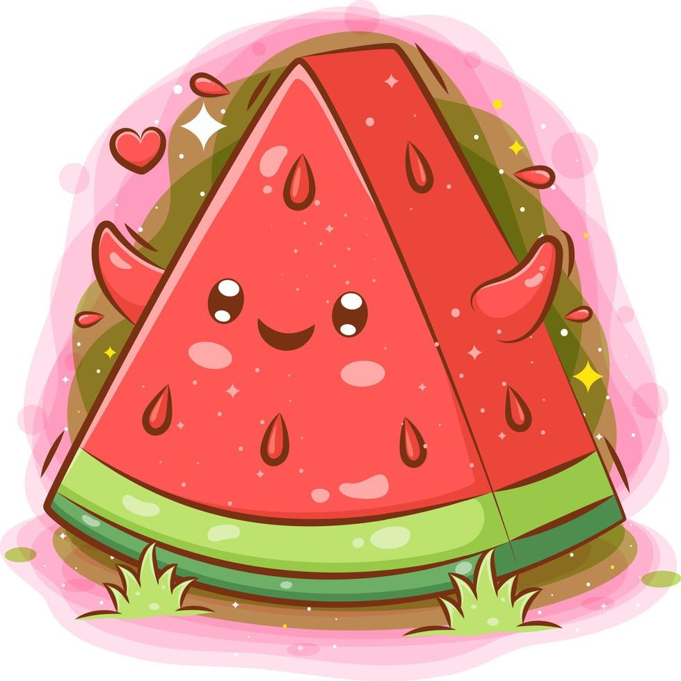 leende söt kawaii tecknad del av vattenmelon karaktär vektor