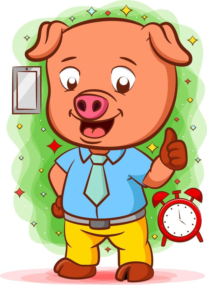 das orangefarbene Schwein steht mit dem guten Hemd neben der Uhr vektor
