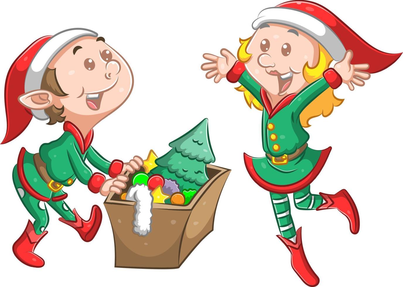tvillingtomten använder den gröna juldräkten och håller i en låda med julgransdekorationen vektor