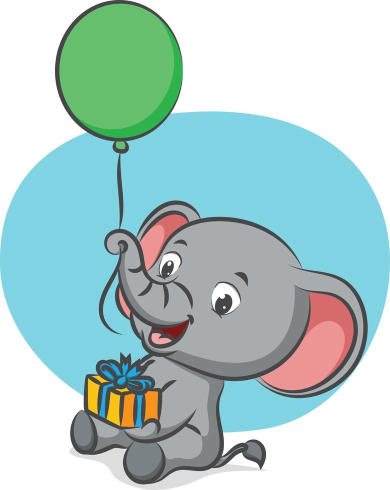 den lilla elefanten håller ballongen med sin snabel och håller i presenten vektor