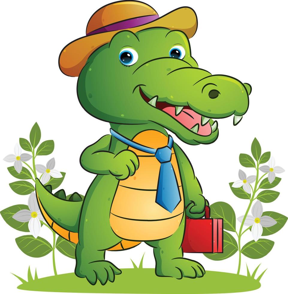 der glückliche Mitarbeiter des Krokodils hält eine Anzugtasche und benutzt den Hut vektor