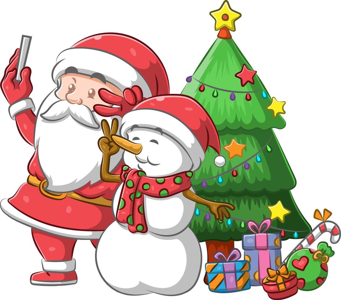 jultomten och mr snögubbe gör selfien tillsammans nära julgranen vektor