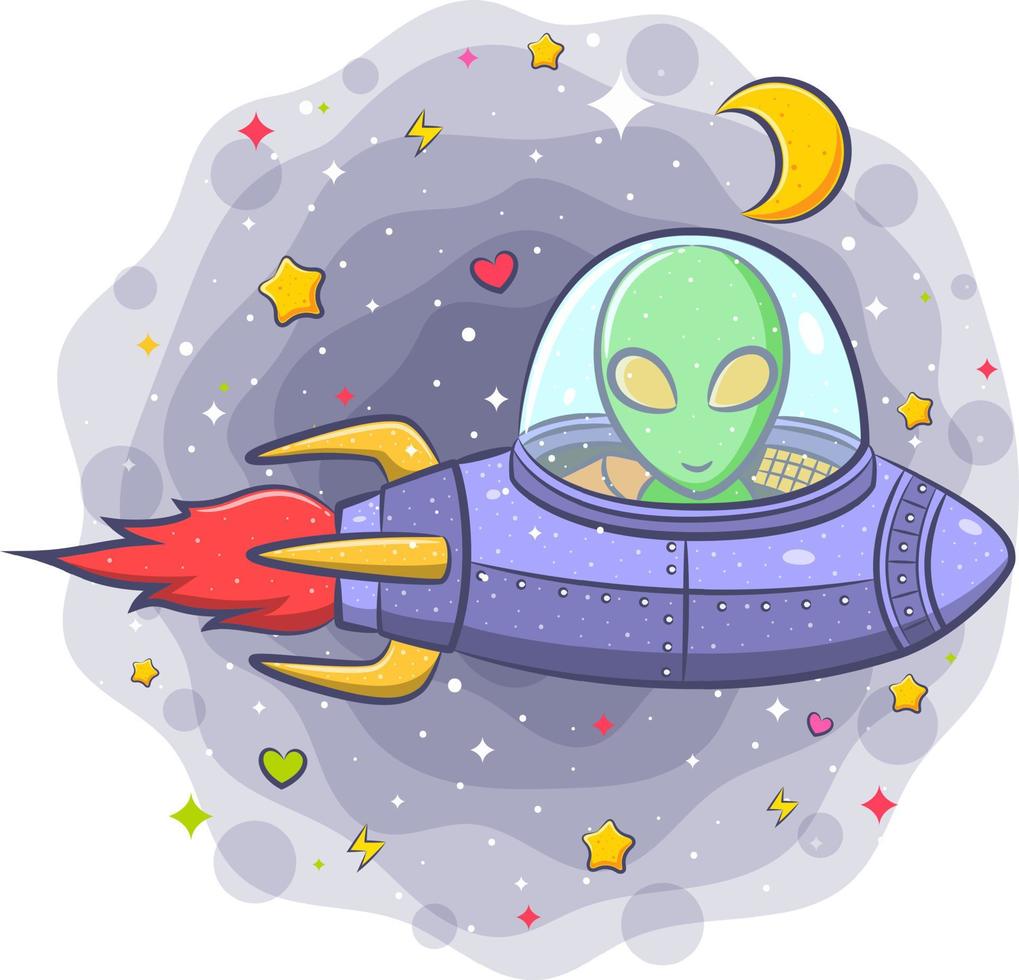 gruseliger Außerirdischer in einer fliegenden Untertasse-Cartoon-Figur vektor